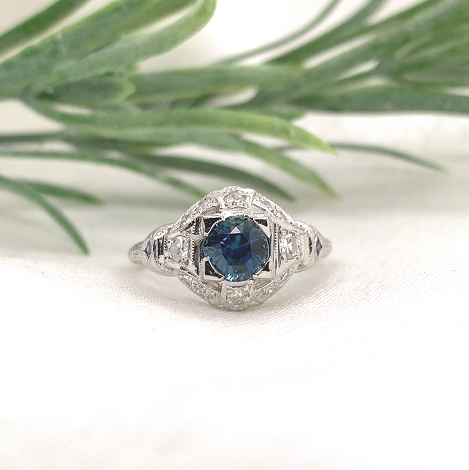 Art Deco Platinum 1.04 carat Sapphire and Diamond Filigree Ring size 5.5 j7179